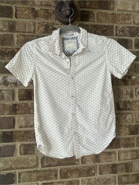 🤩 White Micro-Print Short Sleeve Button-Up Shirt | Size 9/10 Casual Dress Shirt